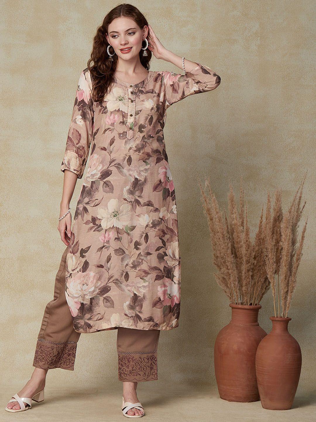 fashor women taupe floral embroidered flared sleeves sequinned kurta