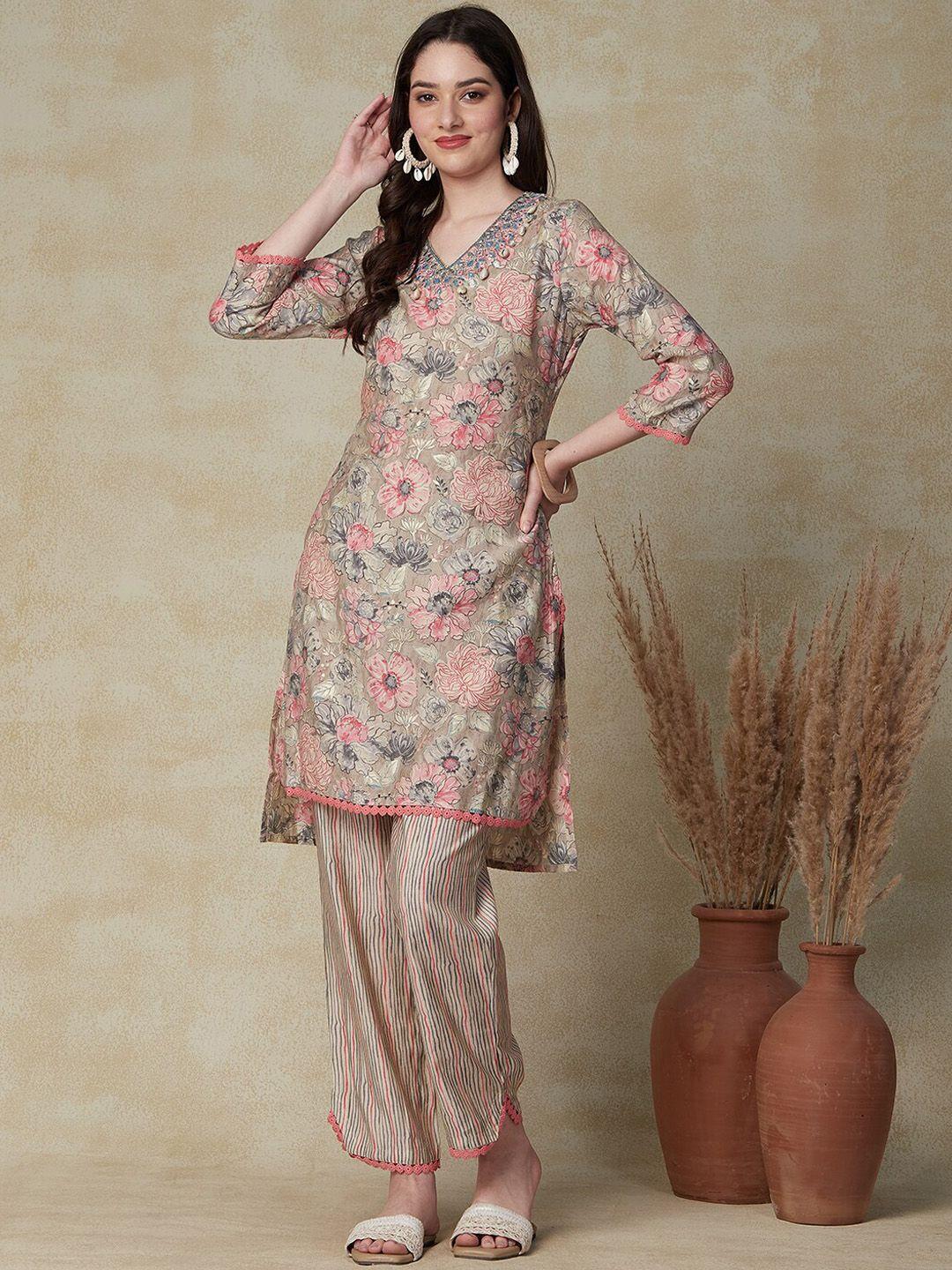 fashor women taupe floral printed regular mirror work kurta with trousers