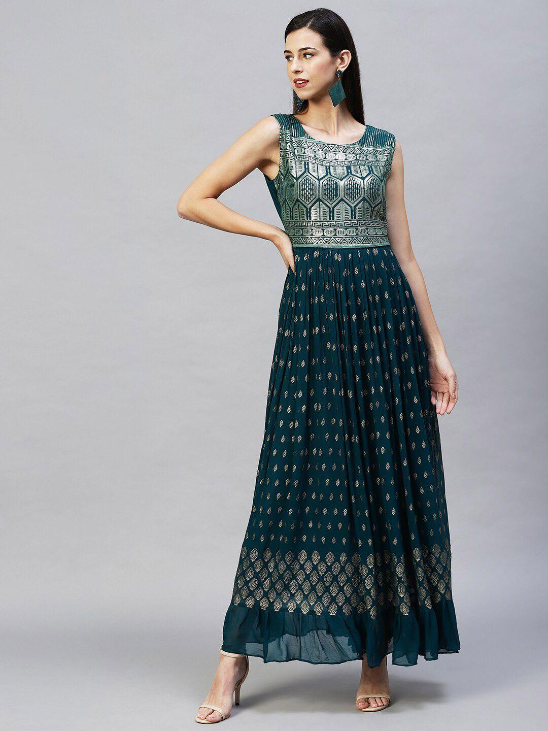 fashor women teal & green ethnic motifs flared maxi dress