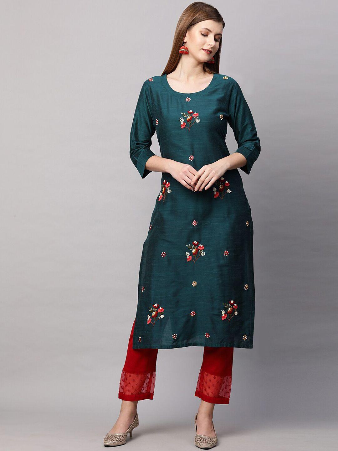 fashor women teal ethnic motifs embroidered thread work kurta