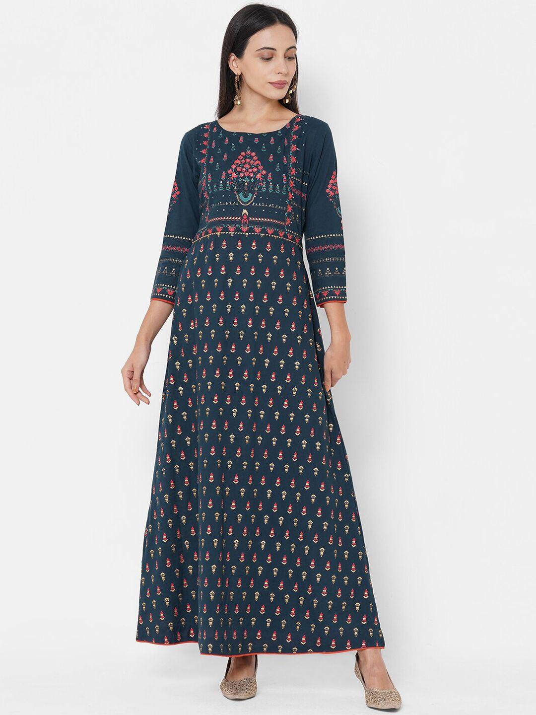 fashor women teal ethnic motifs printed a-line  maxi dress