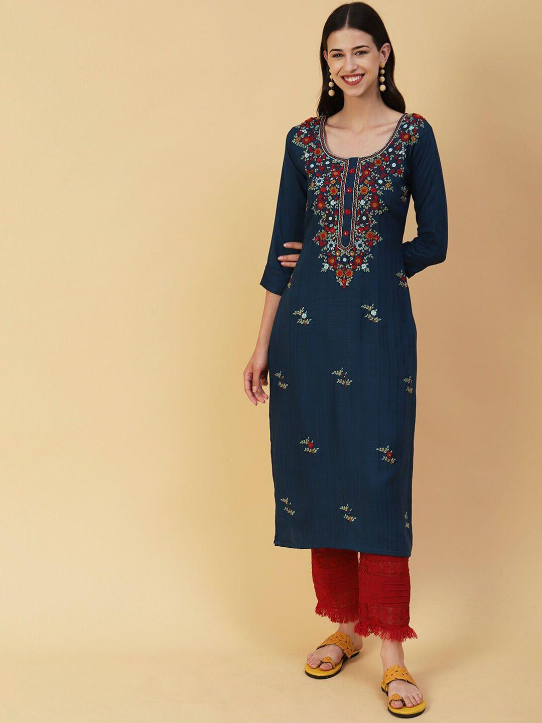 fashor women teal floral embroidered flared sleeves mirror work kurta