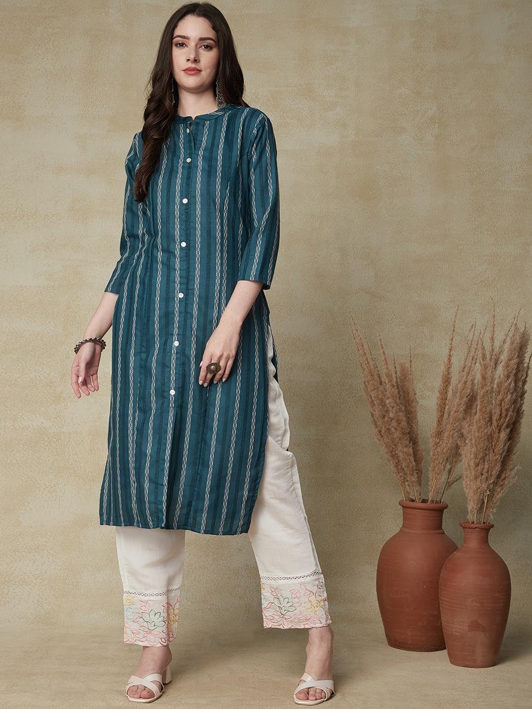 fashor women teal striped flared sleeves thread work kurta