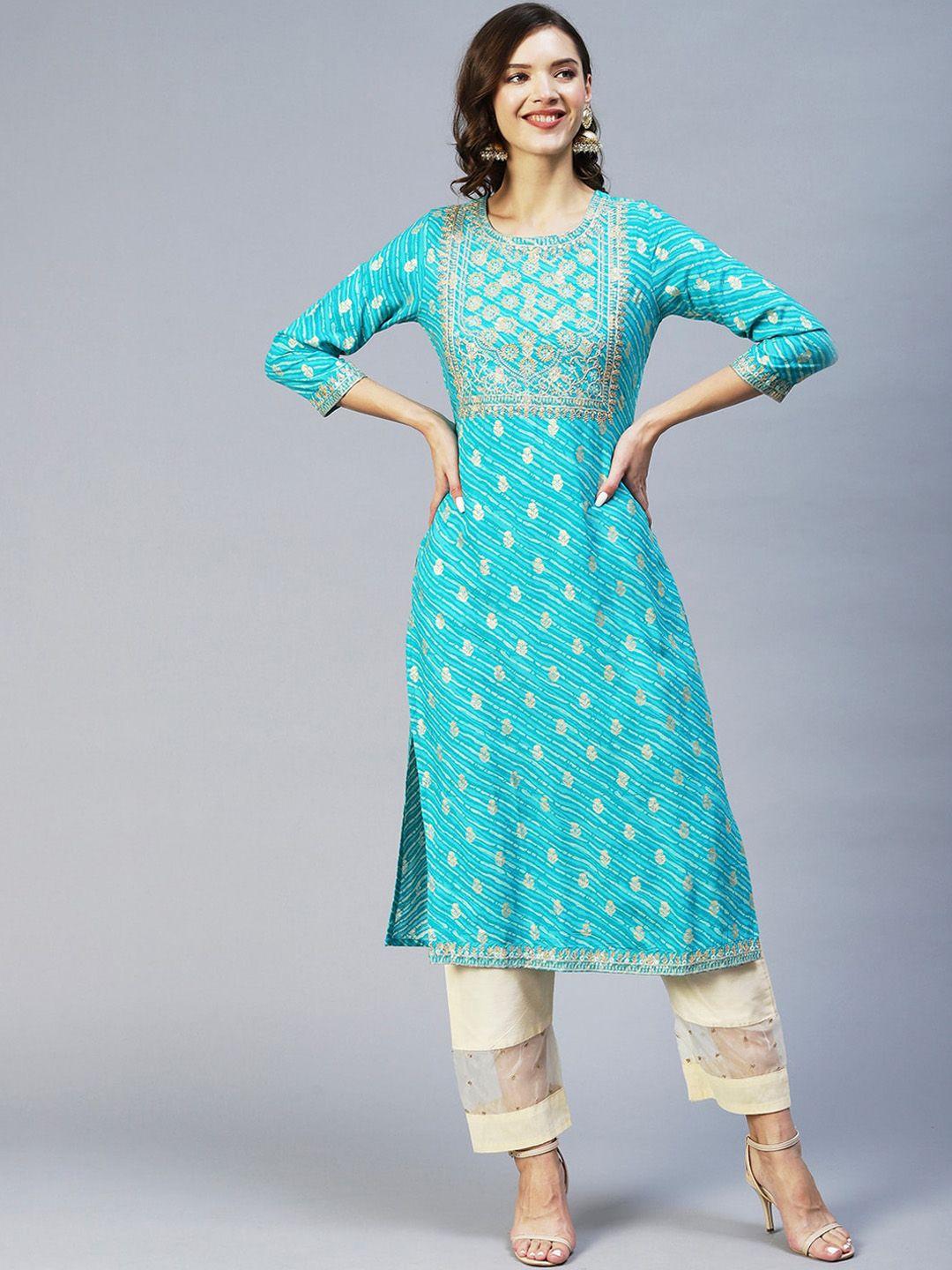 fashor women turquoise blue & beige leheriya printed thread work kurta
