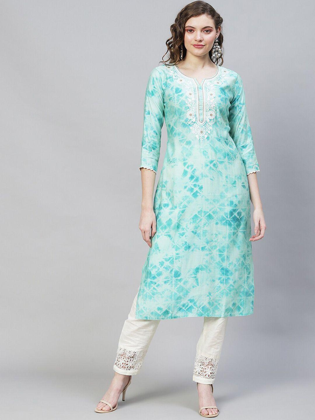 fashor women turquoise blue floral printed & embroidered straight fit kurt