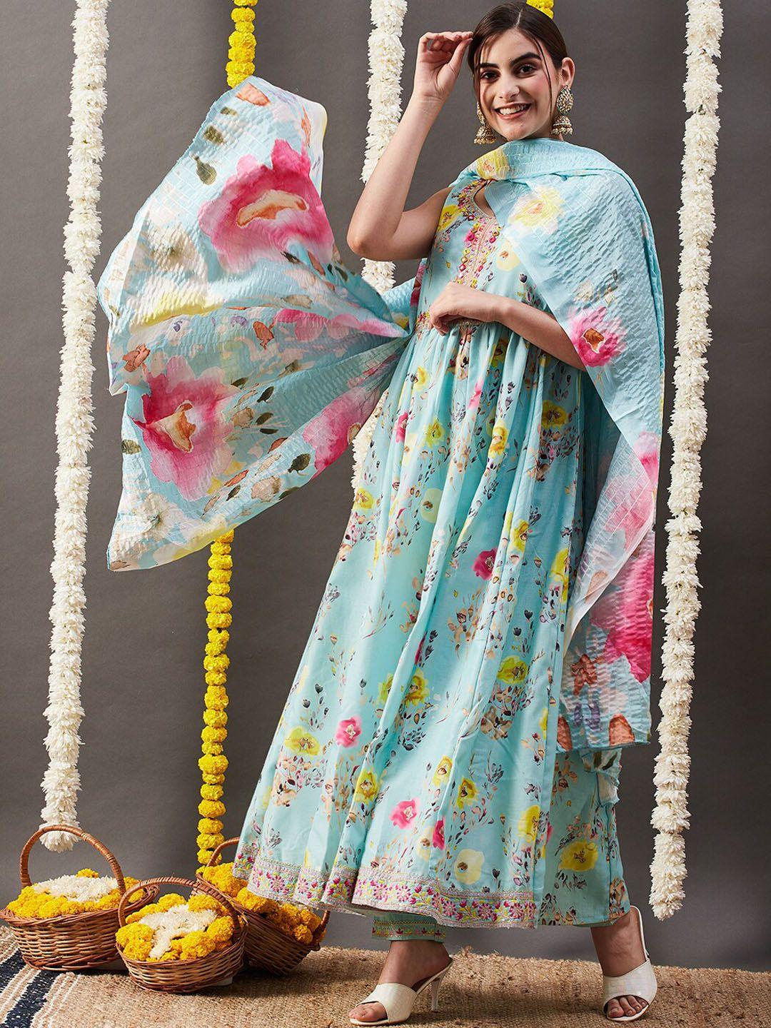 fashor women turquoise blue floral printed empire mirror work linen kurta with trousers & with dupatta