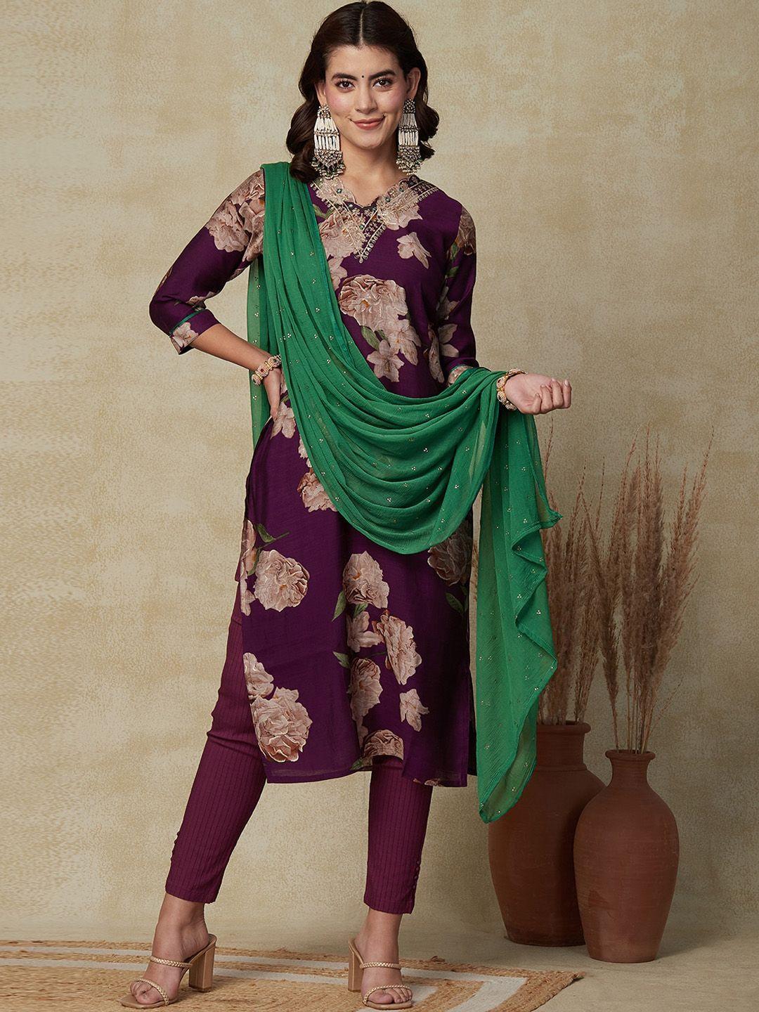 fashor women violet floral printed mirror work kurta