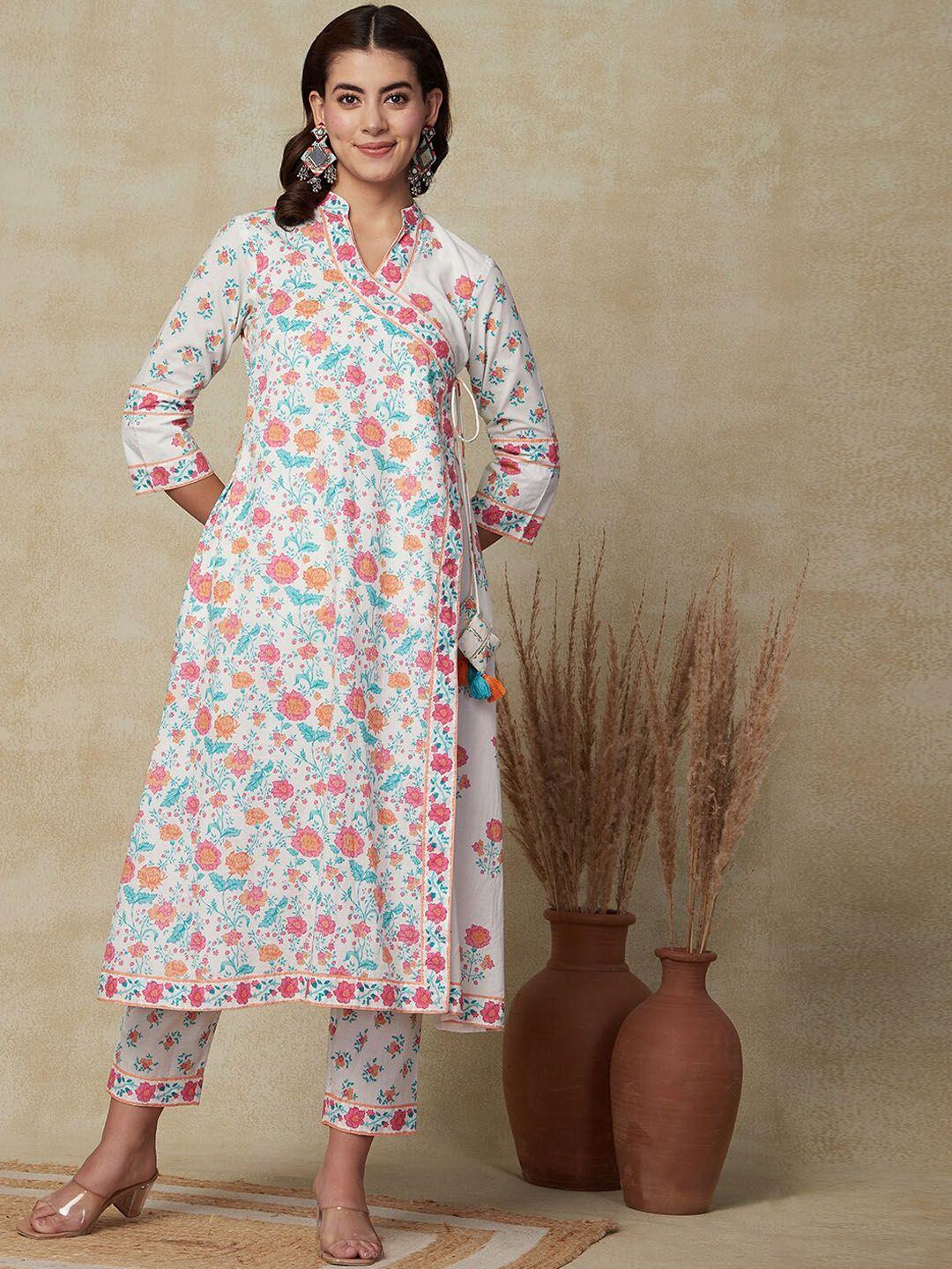 fashor women white floral printed angrakha pure cotton kurta with trousers