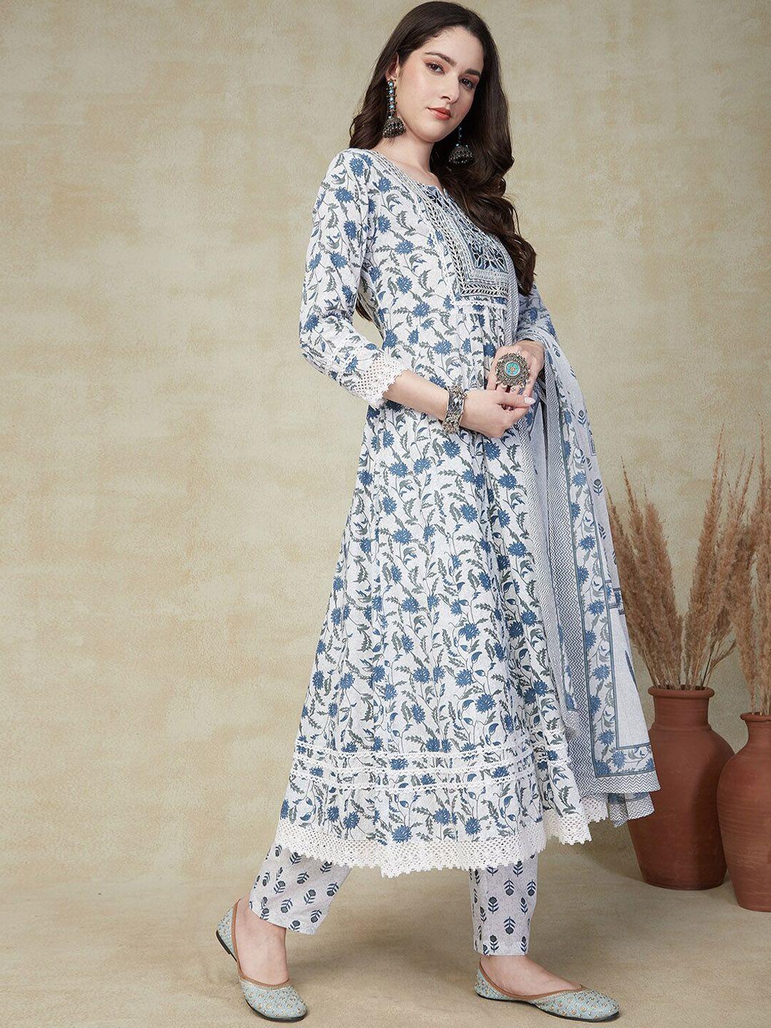 fashor women white floral printed panelled mirror work pure cotton kurta with trousers & with dupatta
