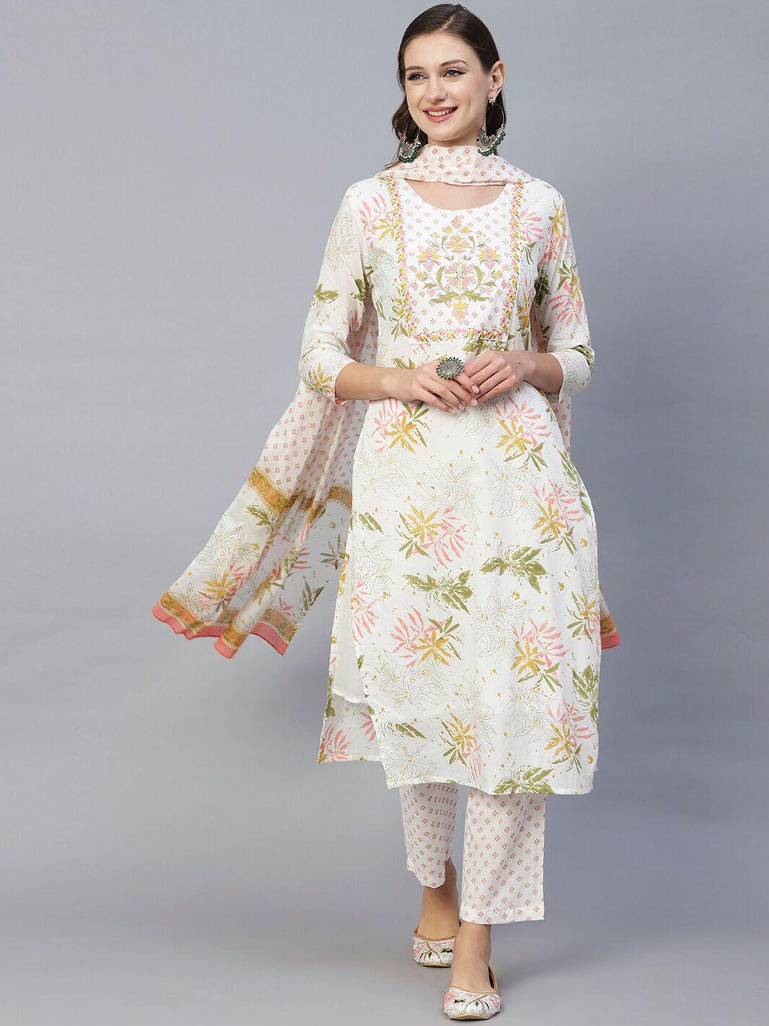 fashor women white floral printed pleated mirror work pure cotton kurta with trousers & with dupatta