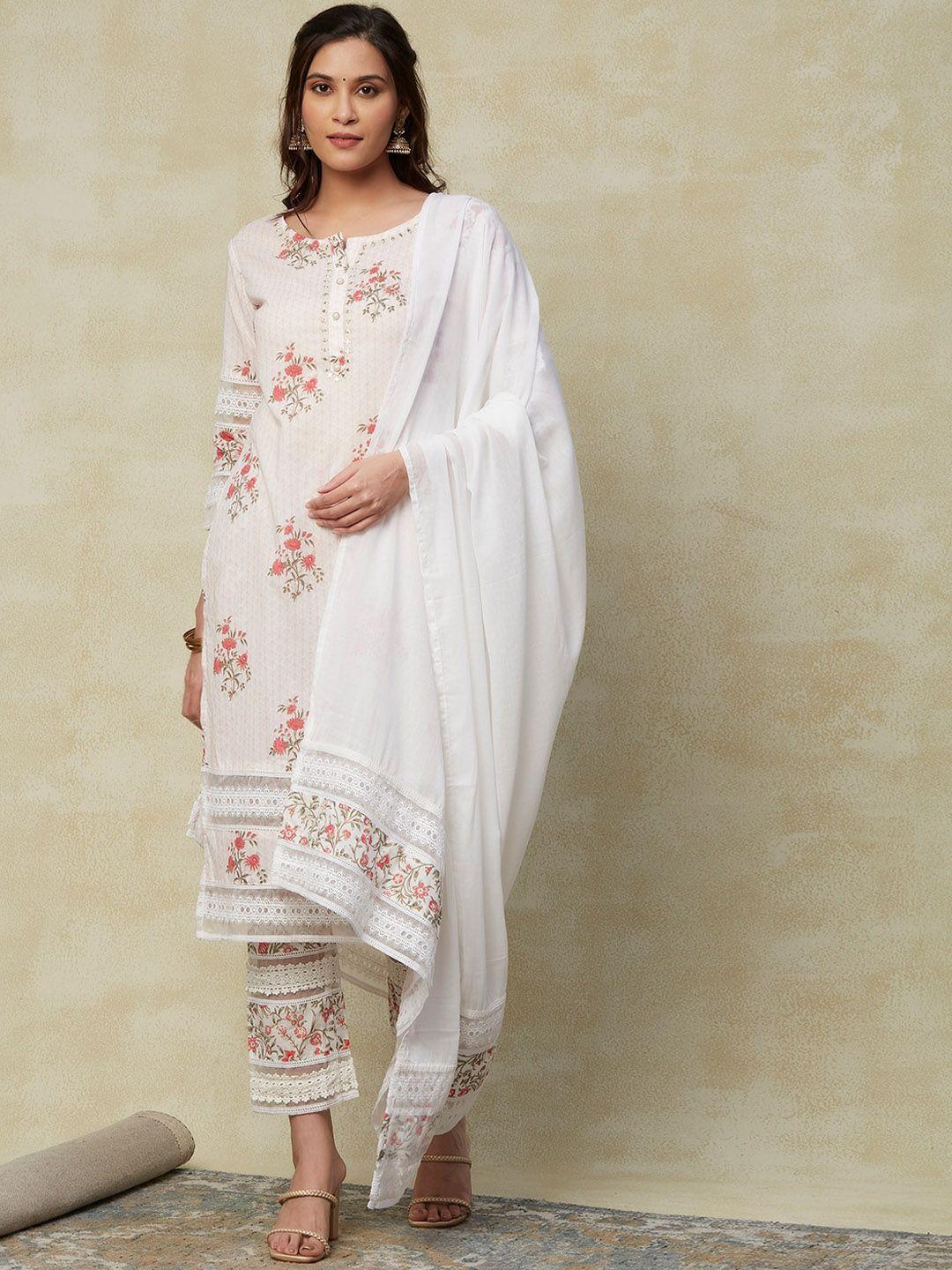 fashor women white floral printed regular mirror work pure cotton kurta with trousers & with dupatta