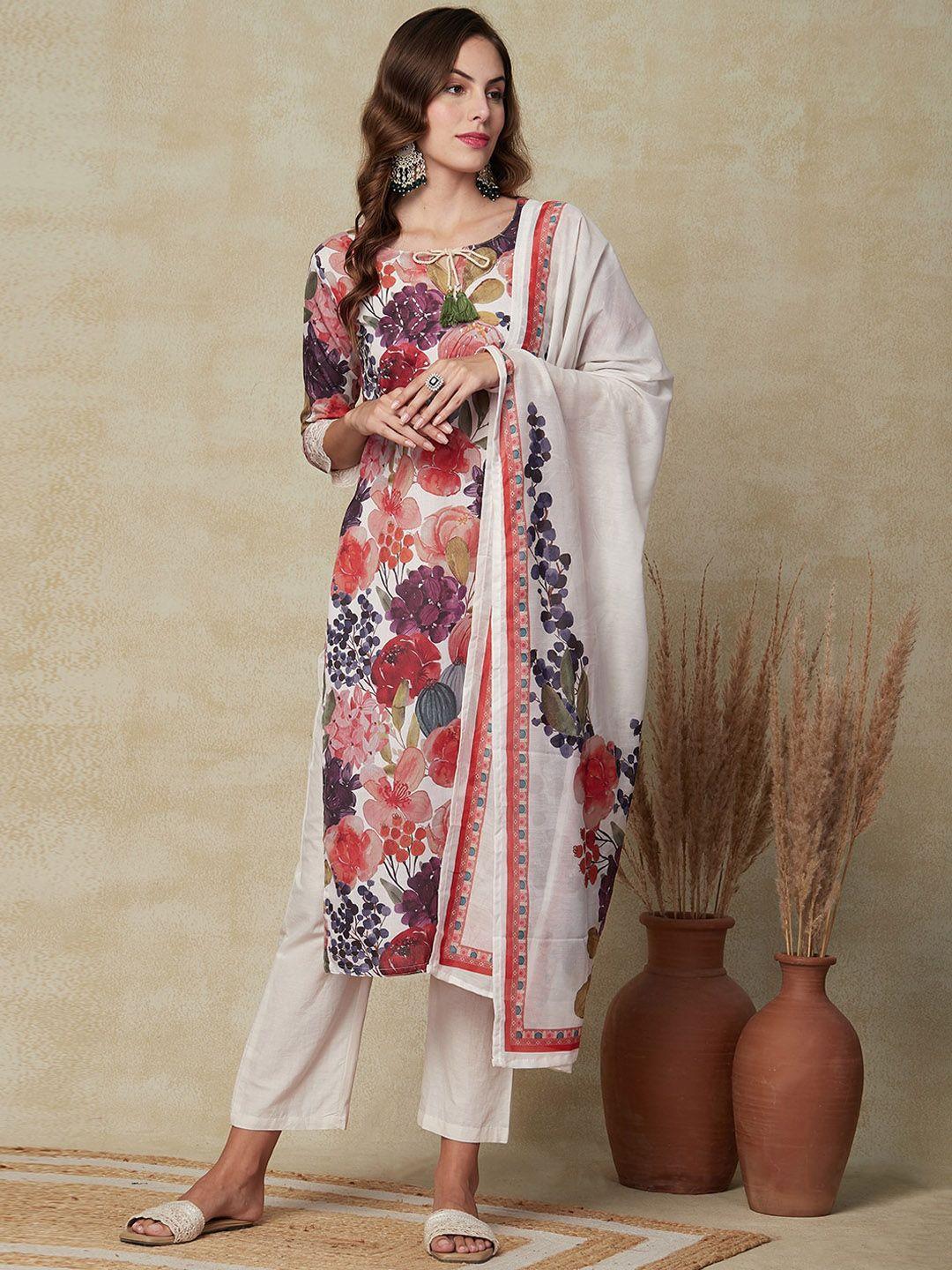 fashor women white floral printed regular sequinned linen kurta with trousers & with dupatta