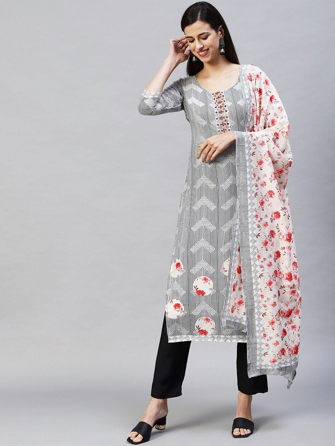 fashor women white printed thread work chanderi silk kurta with trousers & with dupatta