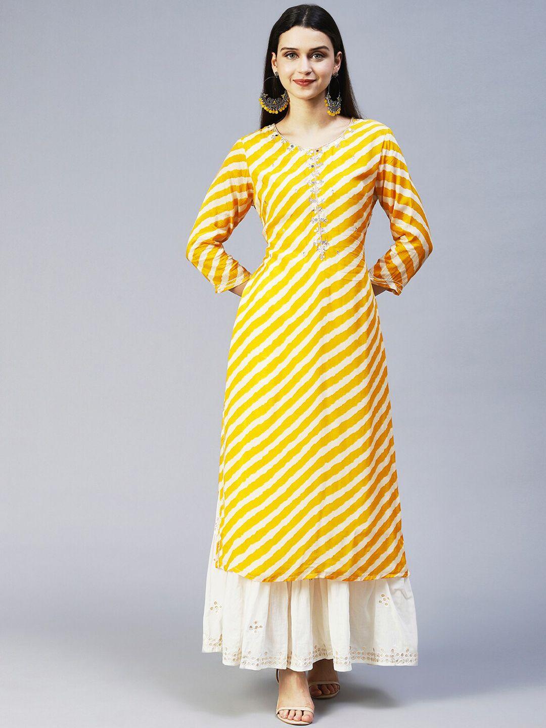 fashor women yellow & cream-coloured striped gotta patti kurta