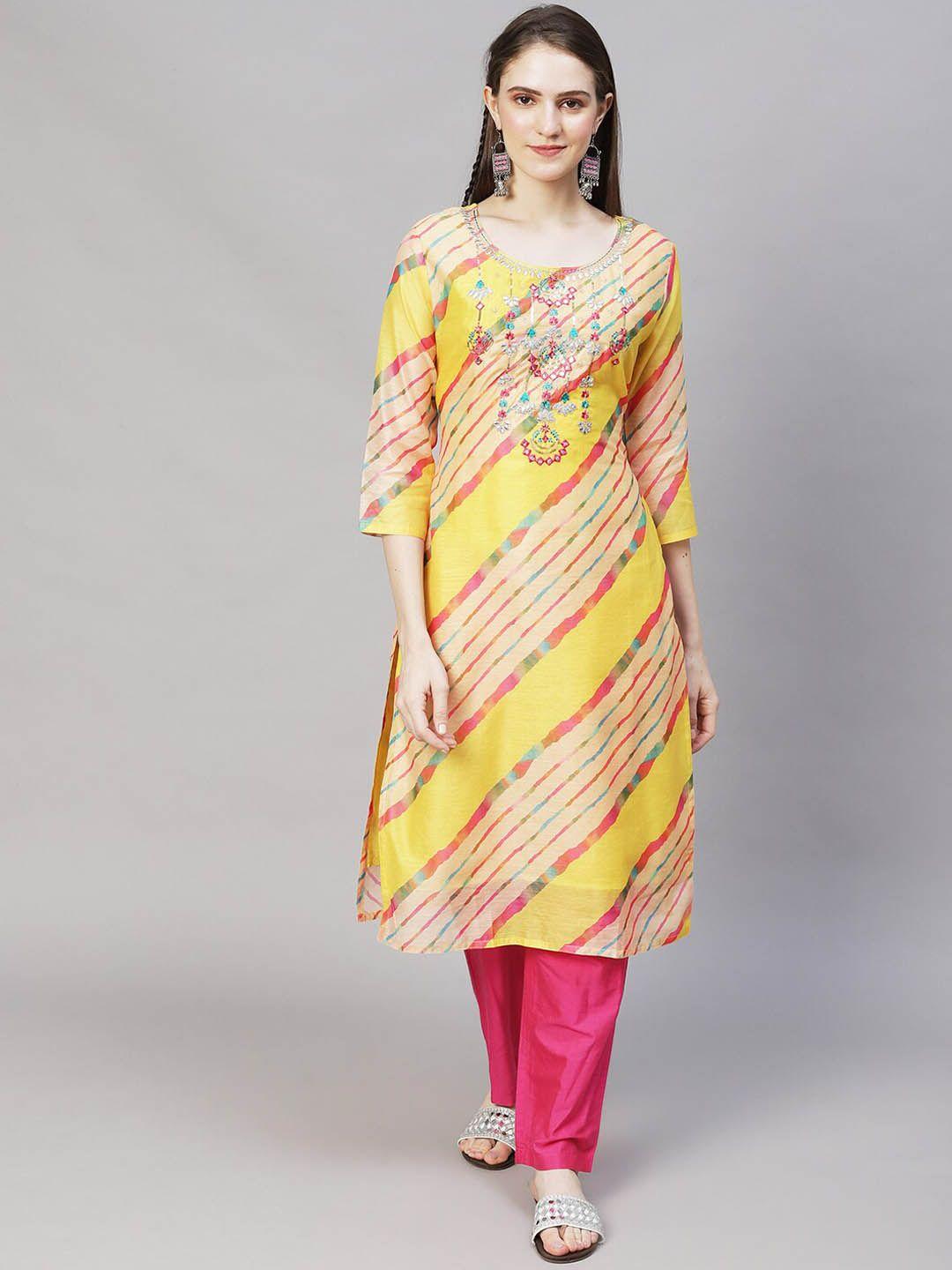 fashor women yellow & pink ethnic motifs printed chanderi silk kurta