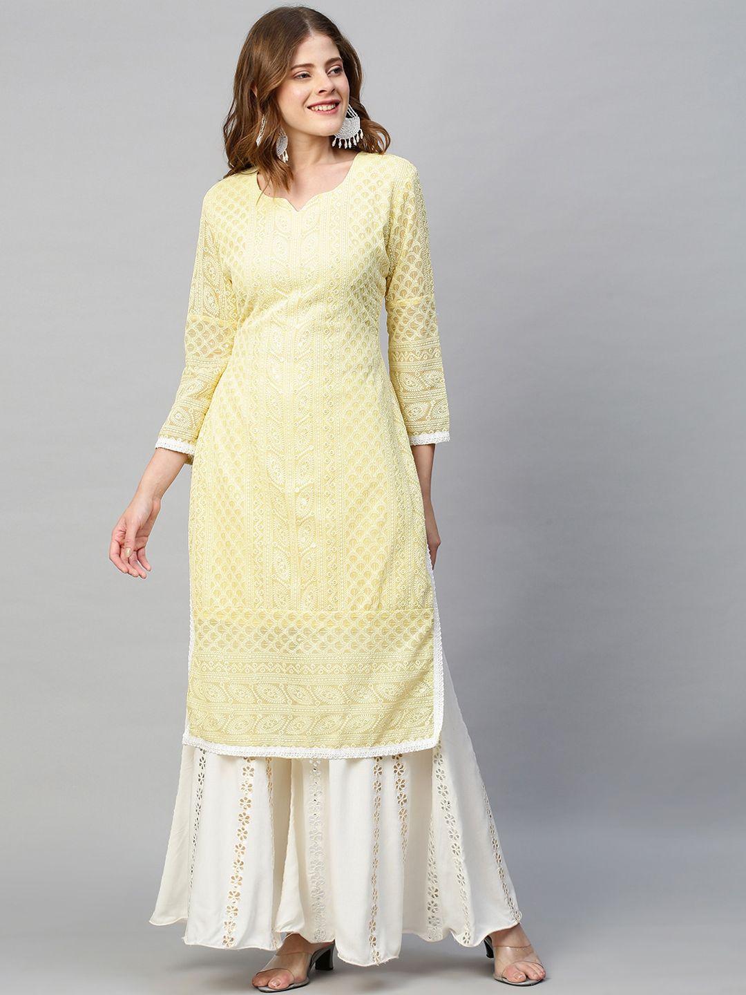 fashor women yellow ethnic motifs embroidered keyhole neck chikankari georgette kurta