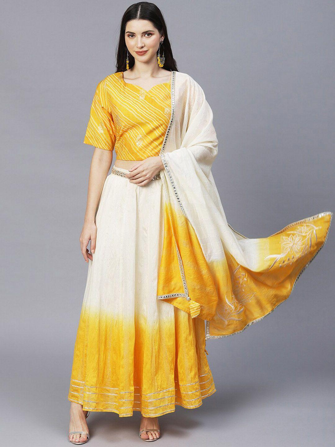 fashor women yellow ethnic motifs printed sequinned top with skirt &   dupatta