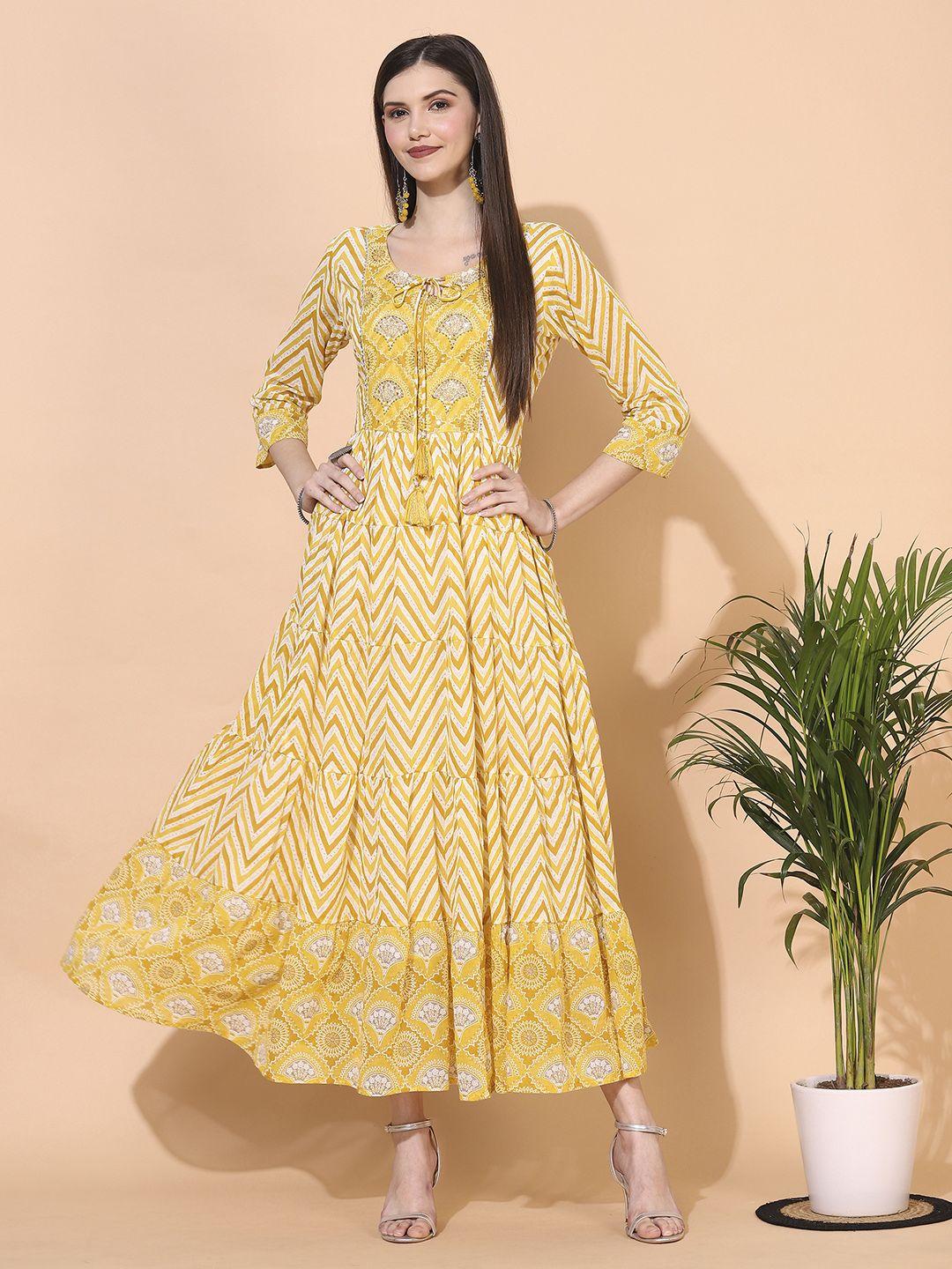 fashor women yellow ethnic printed maxi dress