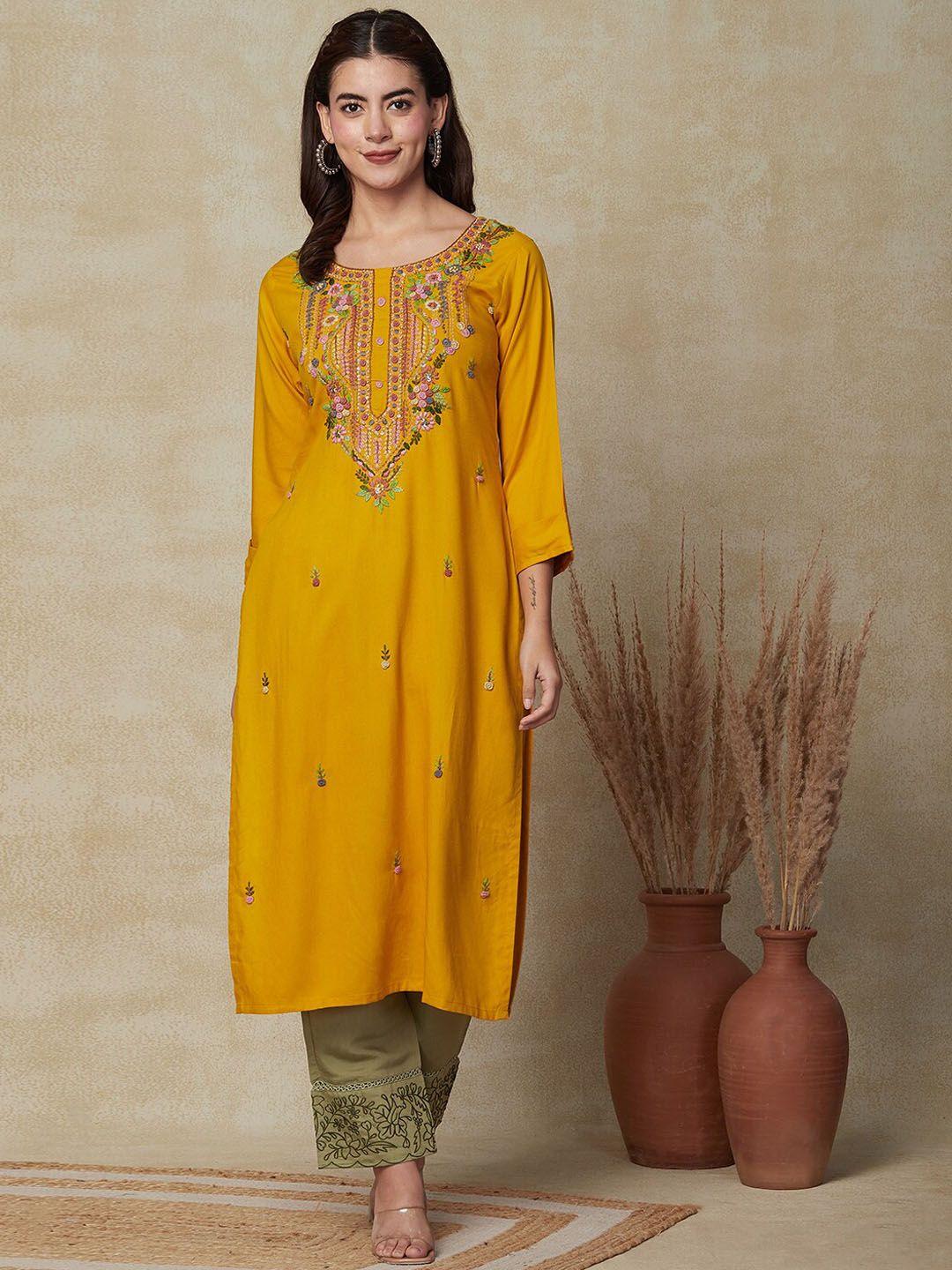 fashor women yellow floral embroidered thread work khadi kurta