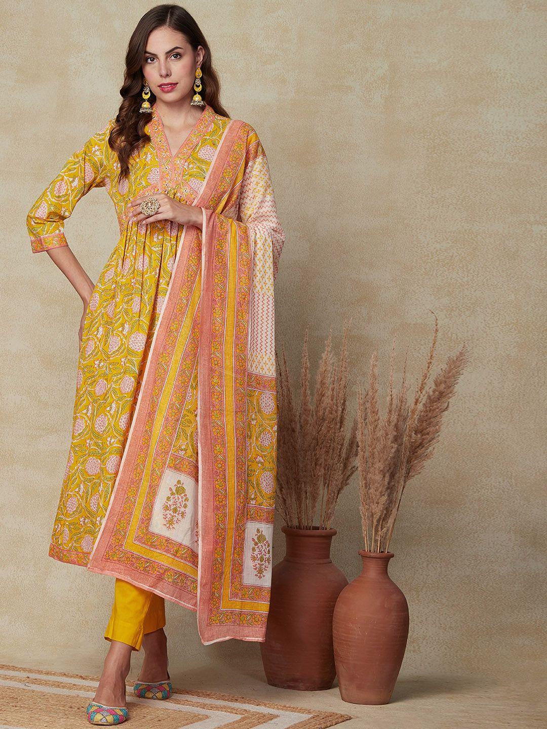 fashor women yellow floral printed empire mirror work pure cotton kurta with trousers & with dupatta