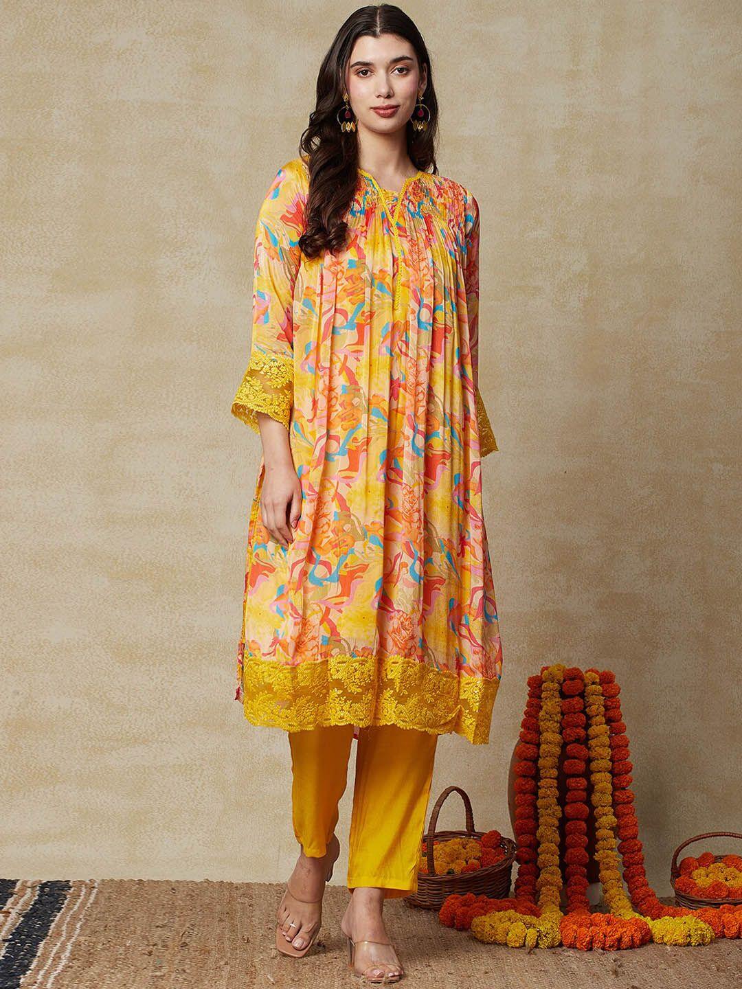 fashor women yellow floral printed pleated thread work kurta with trousers