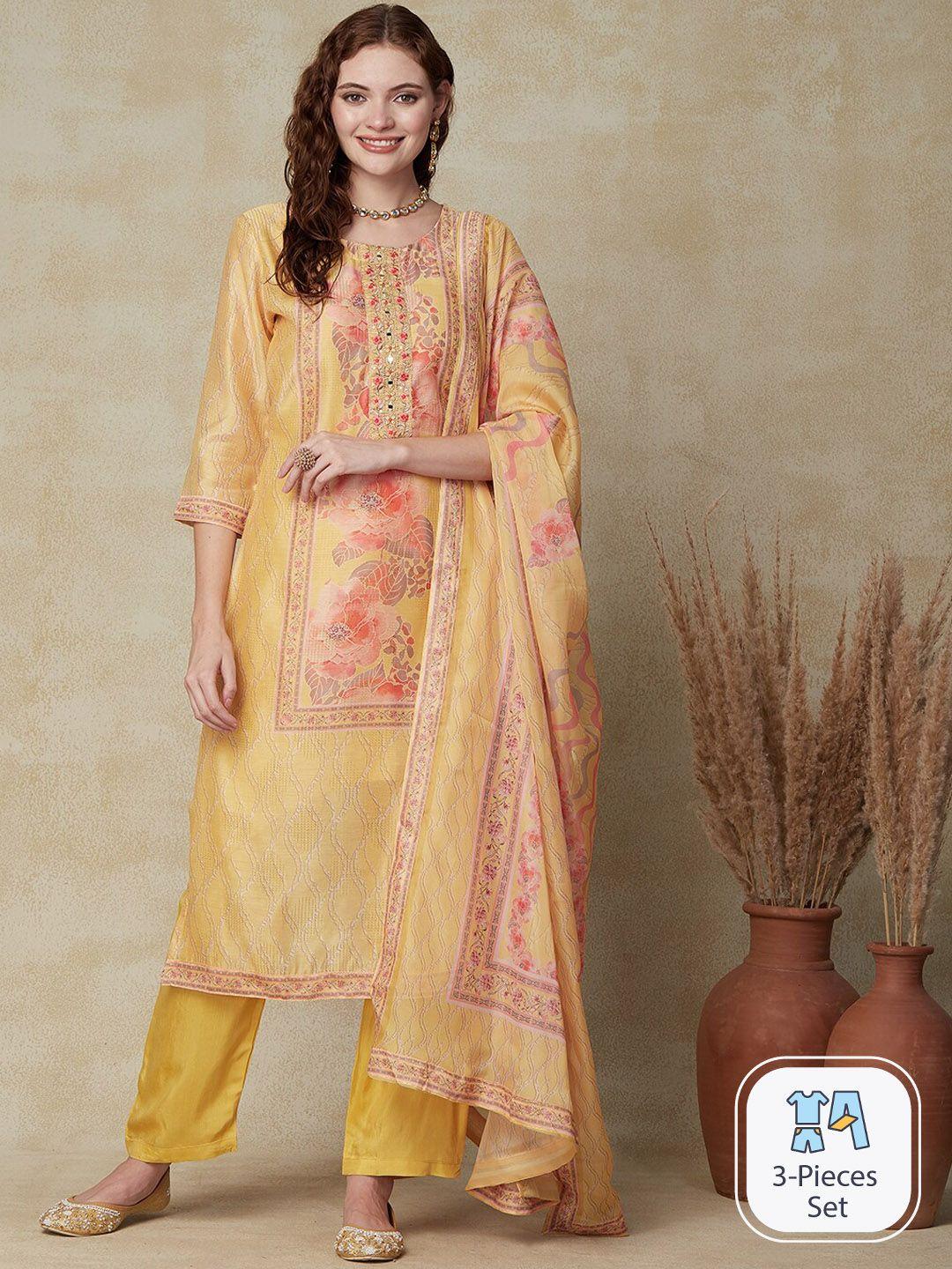 fashor women yellow floral printed regular mirror work chanderi silk kurta with trousers & with dupatta