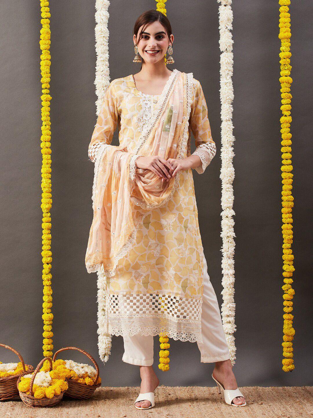 fashor women yellow floral printed regular mirror work kurta with trousers & with dupatta