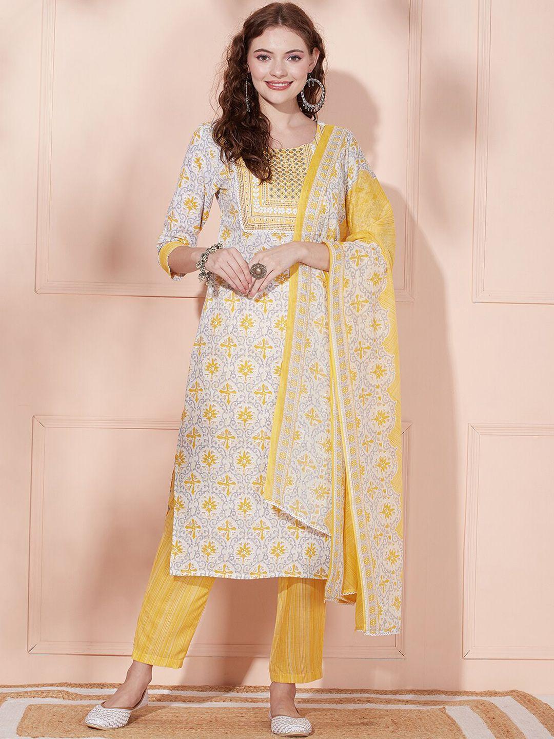 fashor women yellow floral printed regular mirror work pure cotton kurta with trousers & with dupatta