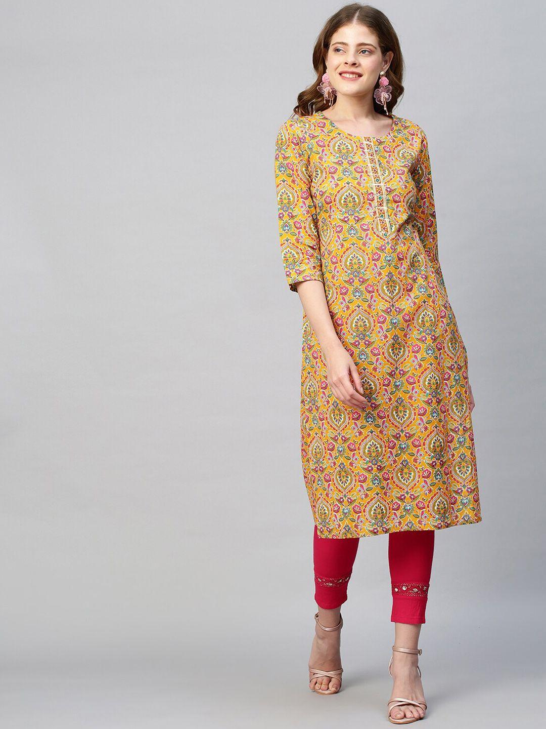 fashor women yellow floral printed thread work kurta