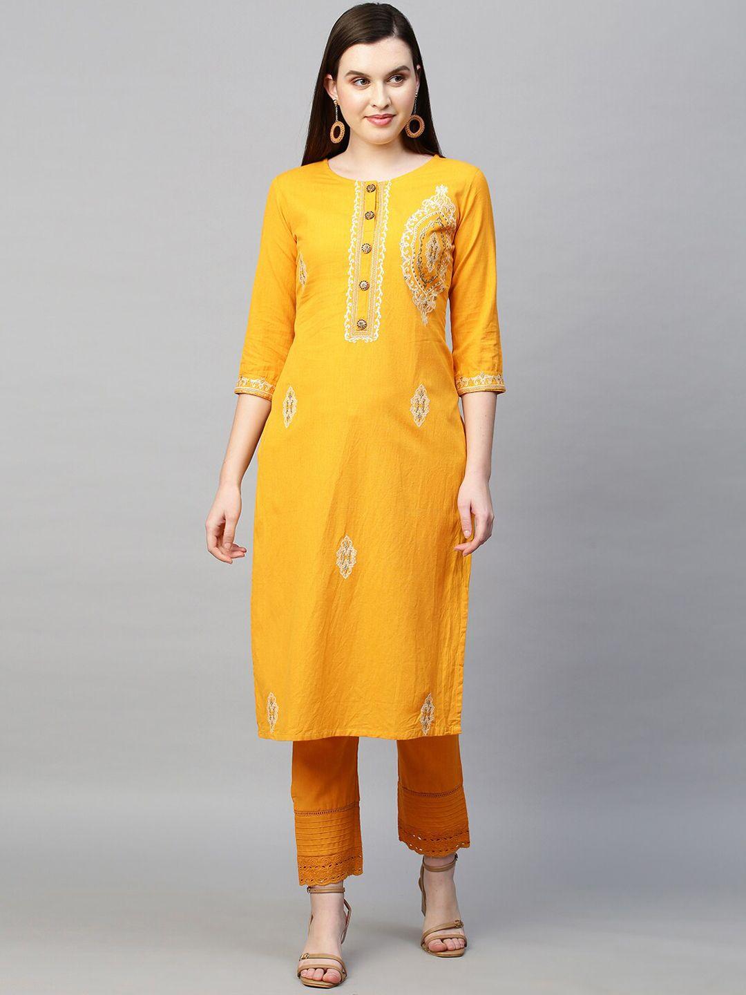 fashor women yellow thread work kurta