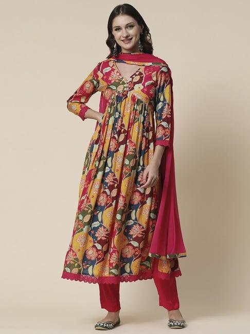 fashor yellow & fuchsia printed kurta pant set with dupatta