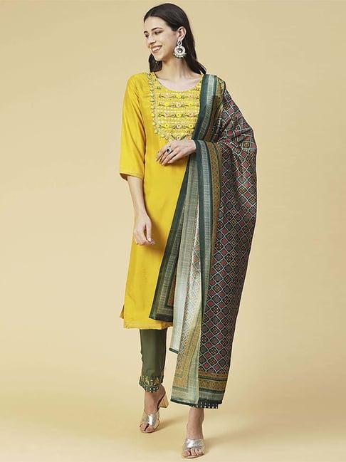 fashor yellow & green embroidered kurta pant set with dupatta