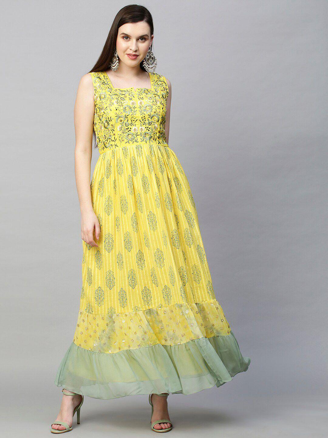 fashor yellow & green floral embroidered ethnic maxi dress