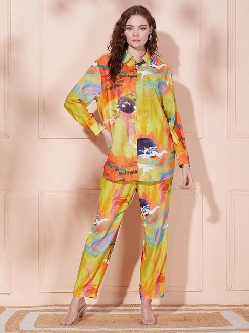 fashor yellow & orange printed shirt pant set