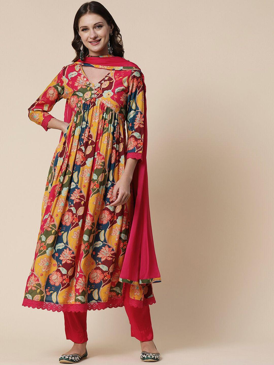 fashor yellow & pink floral printed kurta with trousers & dupatta