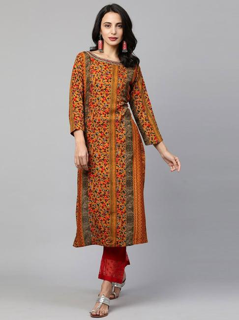 fashor yellow & red embellished straight kurta