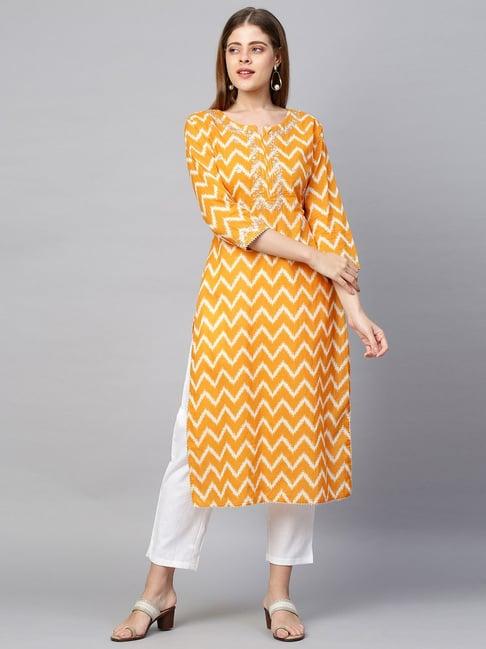 fashor yellow cotton embroidered kurta pant set with mask