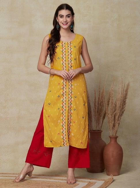 fashor yellow cotton embroidered straight kurta