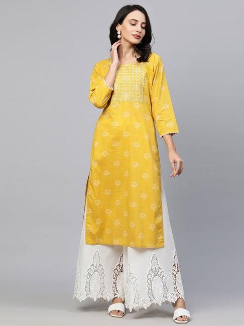 fashor yellow cotton embroidered straight kurta