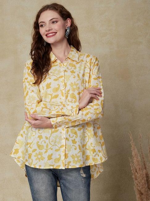 fashor yellow cotton floral print shirt