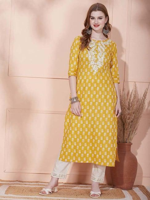 fashor yellow cotton floral print straight kurta