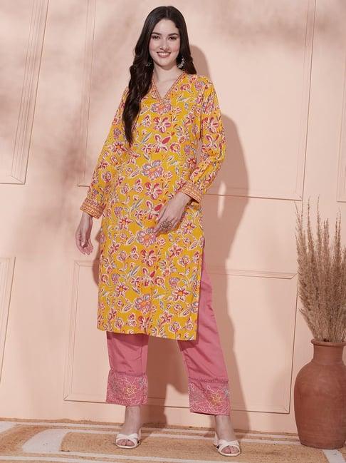 fashor yellow cotton floral print straight kurta