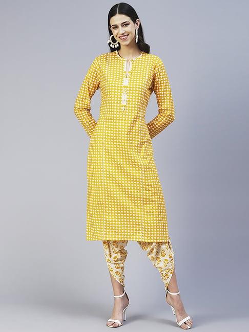 fashor yellow cotton printed kurta dhoti pant set