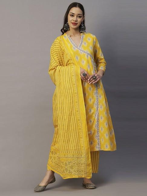 fashor yellow cotton printed kurta pant set with dupatta