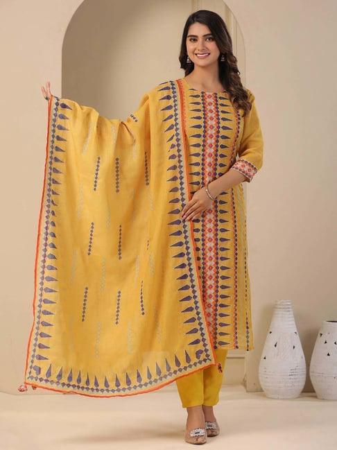 fashor yellow cotton printed kurta pant set with dupatta