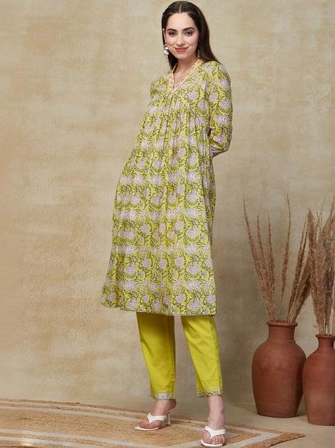 fashor yellow cotton printed kurta pant set