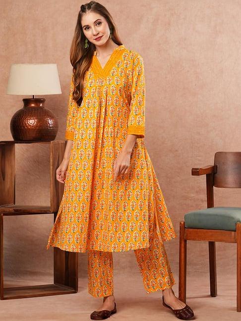 fashor yellow cotton printed kurta pant set