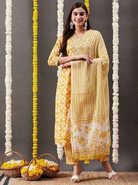 fashor yellow cotton printed kurta salwaar set with dupatta