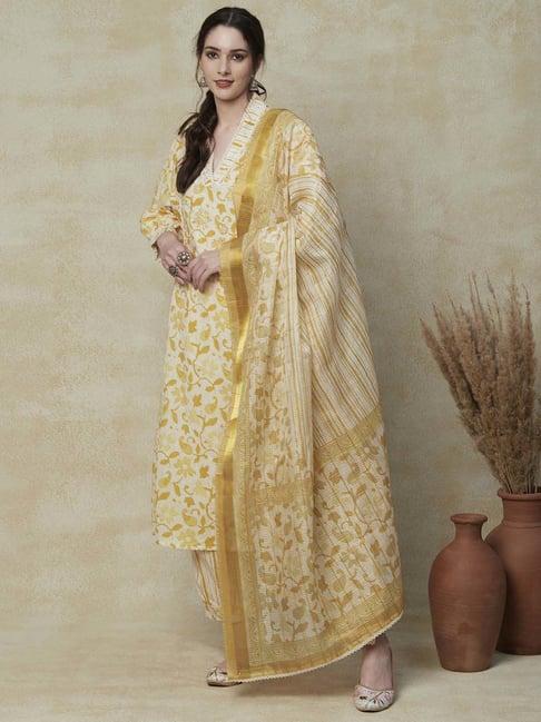 fashor yellow cotton printed kurta salwar set with dupatta