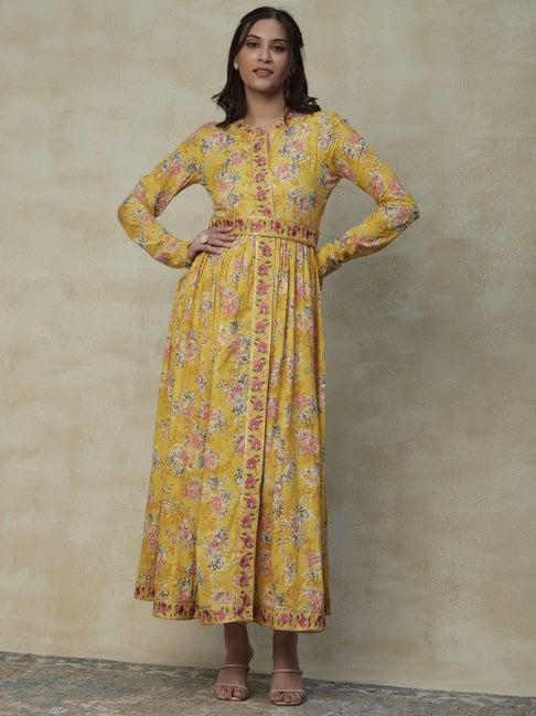 fashor yellow cotton printed maxi dress